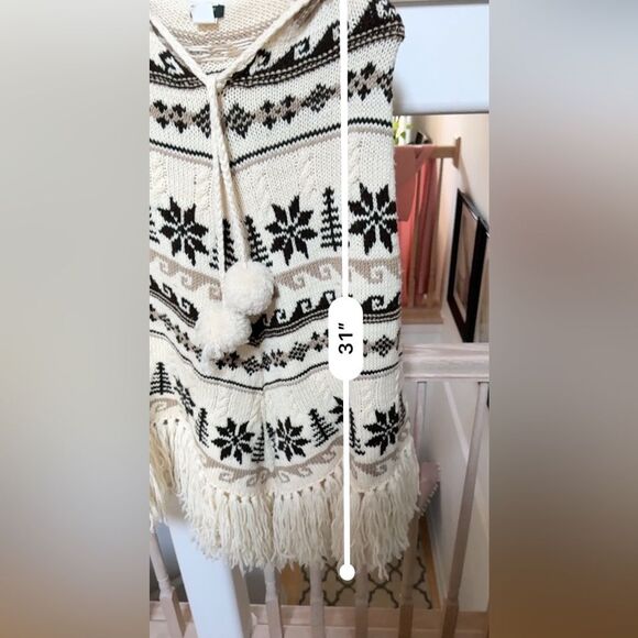J. Crew Hand-knit 100% Wool Fair isle Motif Fringe Hooded Poncho One Size - Picture 7 of 13